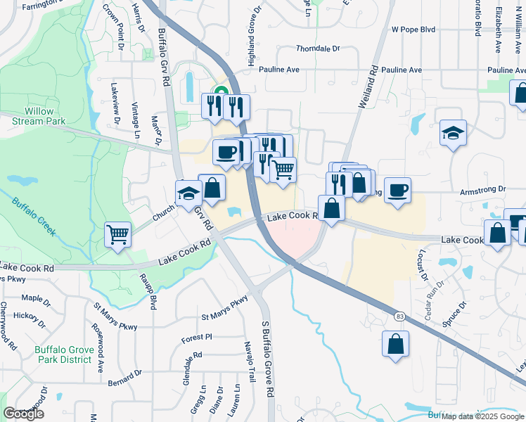map of restaurants, bars, coffee shops, grocery stores, and more near 51 Highway 83 in Buffalo Grove