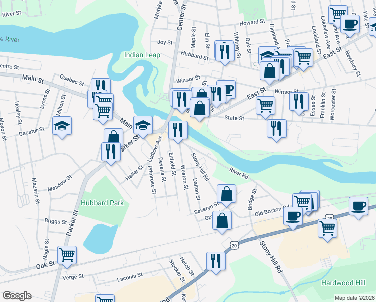 map of restaurants, bars, coffee shops, grocery stores, and more near 19 Stony Hill Road in Wilbraham