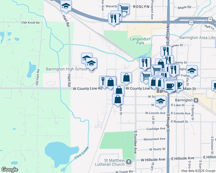 map of restaurants, bars, coffee shops, grocery stores, and more near 428 West Main Street in Barrington