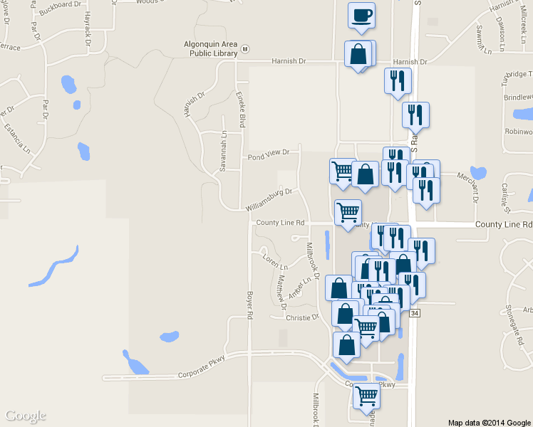 map of restaurants, bars, coffee shops, grocery stores, and more near 2631 Williamsburg Drive in Algonquin