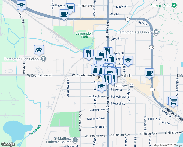 map of restaurants, bars, coffee shops, grocery stores, and more near 110 Applebee Street in Barrington
