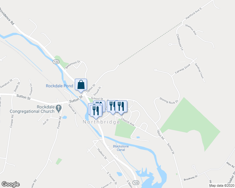 map of restaurants, bars, coffee shops, grocery stores, and more near 117 School Street in Northbridge