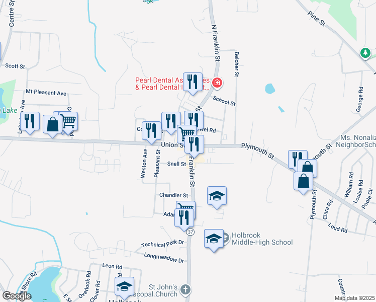 map of restaurants, bars, coffee shops, grocery stores, and more near 16 South Franklin Street in Holbrook
