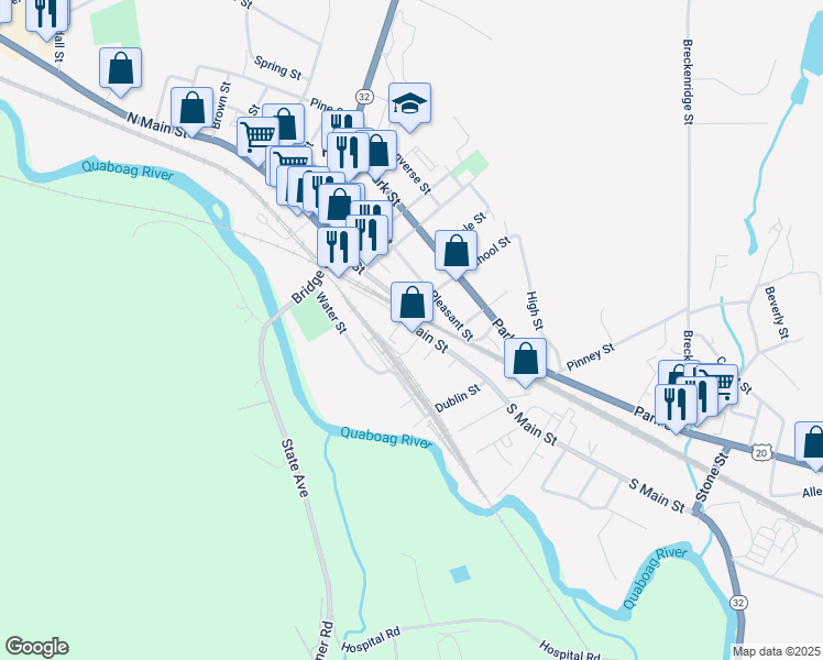 map of restaurants, bars, coffee shops, grocery stores, and more near 1302 South Main Street in Palmer