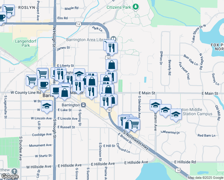 map of restaurants, bars, coffee shops, grocery stores, and more near 504 E Main St in Barrington