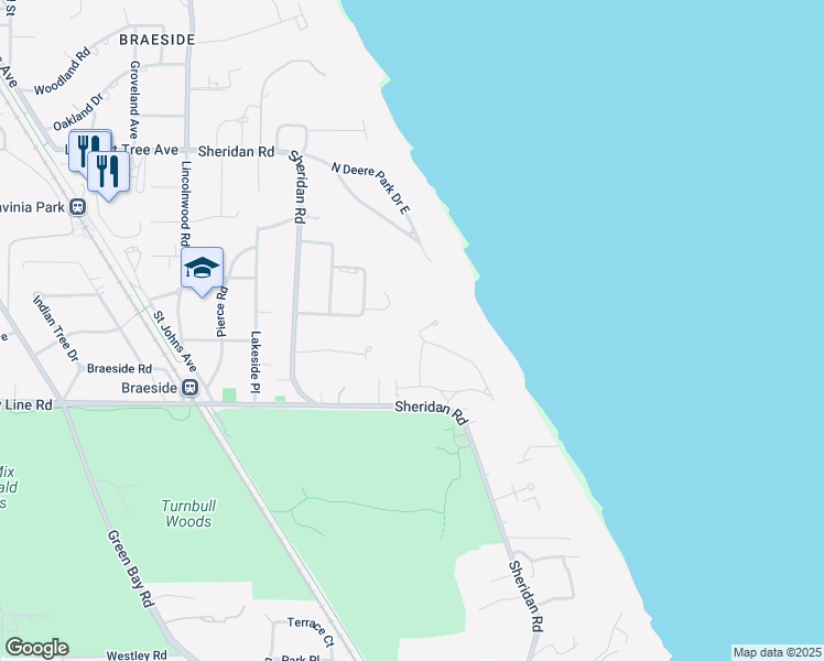 map of restaurants, bars, coffee shops, grocery stores, and more near 107 South Deere Park Drive in Highland Park