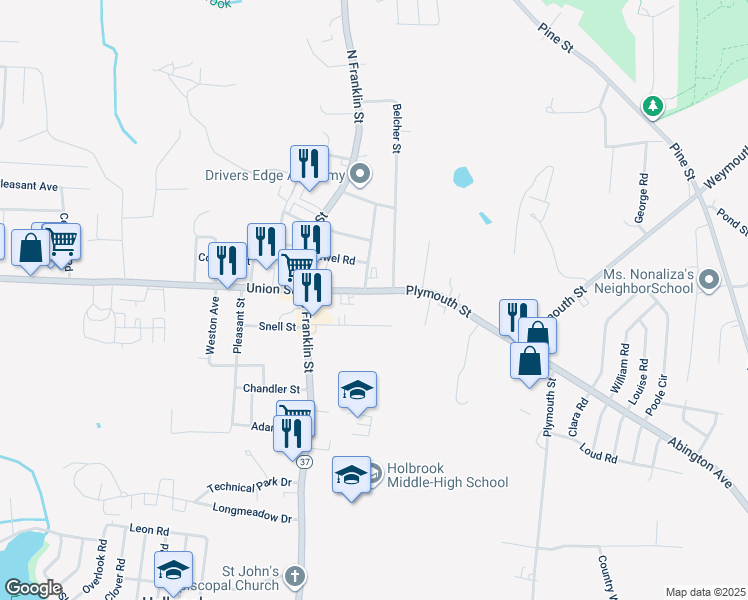 map of restaurants, bars, coffee shops, grocery stores, and more near 75 Plymouth Street in Holbrook