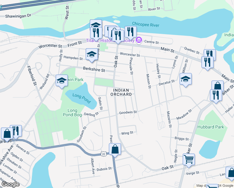map of restaurants, bars, coffee shops, grocery stores, and more near 152 Oak Street in Springfield