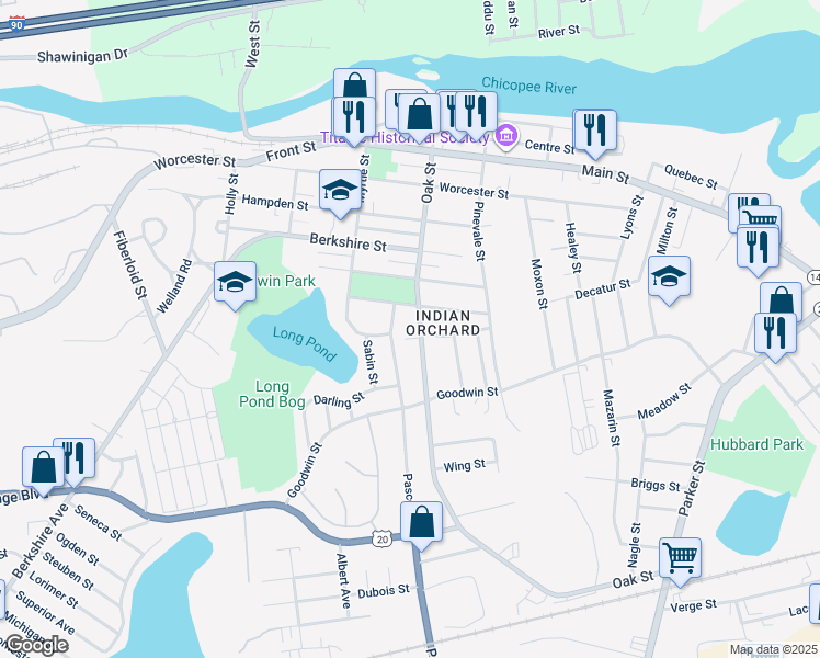 map of restaurants, bars, coffee shops, grocery stores, and more near 152 Oak Street in Springfield