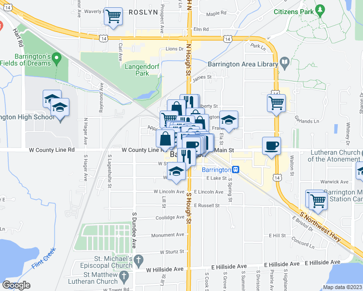 map of restaurants, bars, coffee shops, grocery stores, and more near 116 West Main Street in Barrington