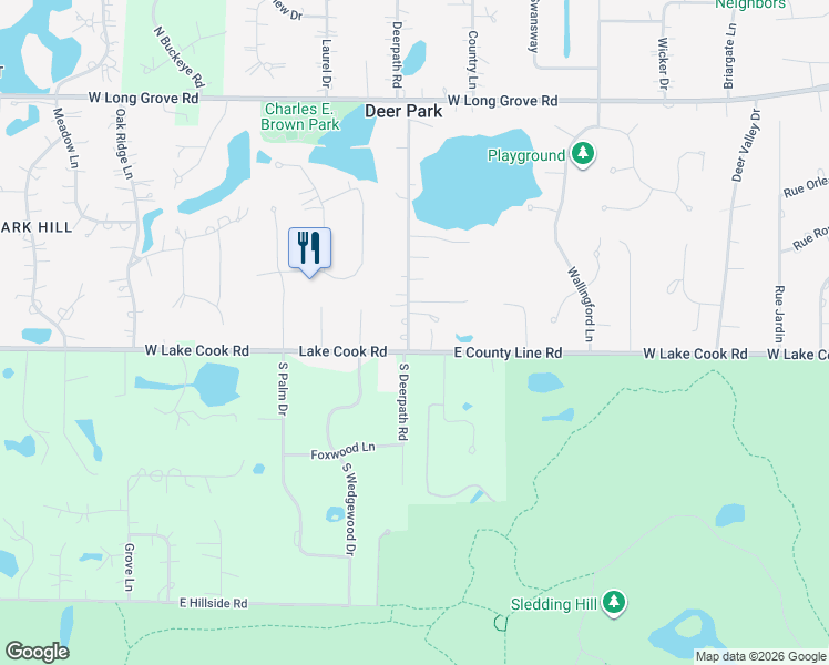map of restaurants, bars, coffee shops, grocery stores, and more near 20026 Deerpath Road in Deer Park