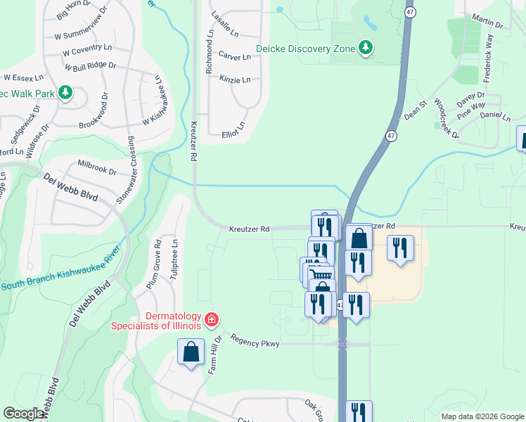map of restaurants, bars, coffee shops, grocery stores, and more near 12080 Princeton Drive in Huntley