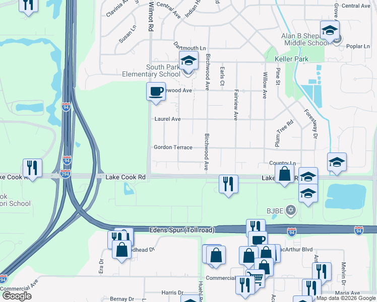 map of restaurants, bars, coffee shops, grocery stores, and more near 1445 Gordon Terrace in Deerfield