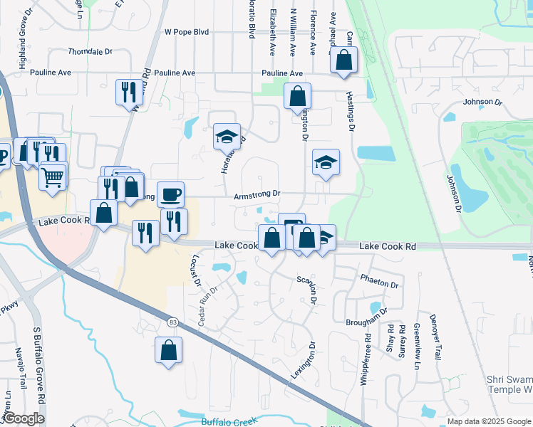 map of restaurants, bars, coffee shops, grocery stores, and more near 282 Le Parc Circle in Buffalo Grove