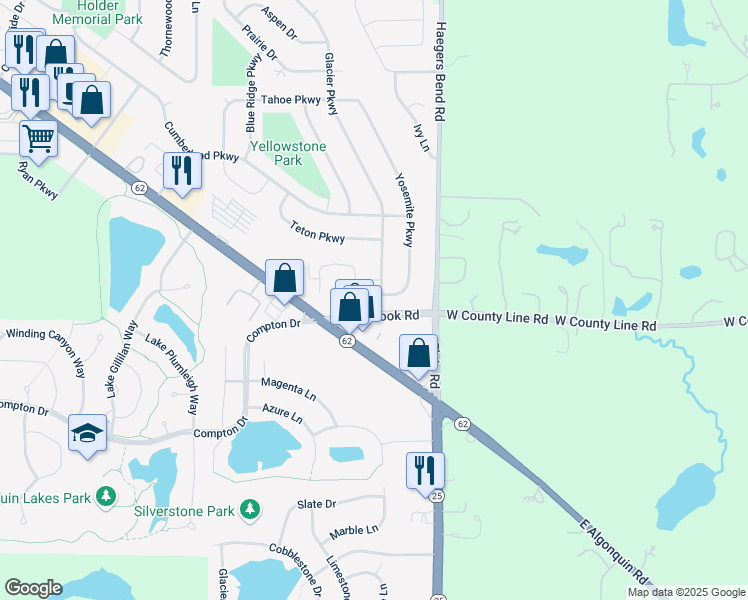 map of restaurants, bars, coffee shops, grocery stores, and more near 1640 Glacier Parkway in Algonquin