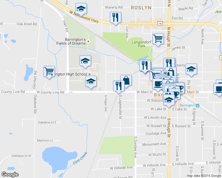 map of restaurants, bars, coffee shops, grocery stores, and more near 428 West Main Street in Barrington