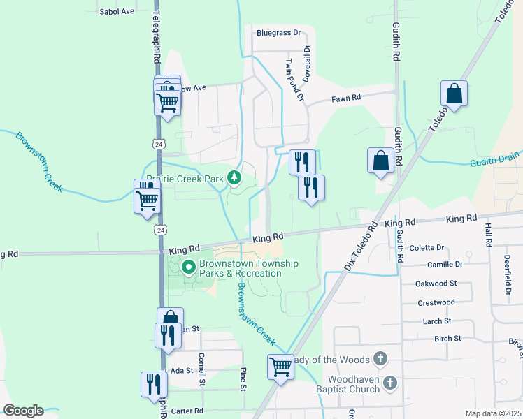 map of restaurants, bars, coffee shops, grocery stores, and more near 20810 Prairie Creek Boulevard in Brownstown Charter Township