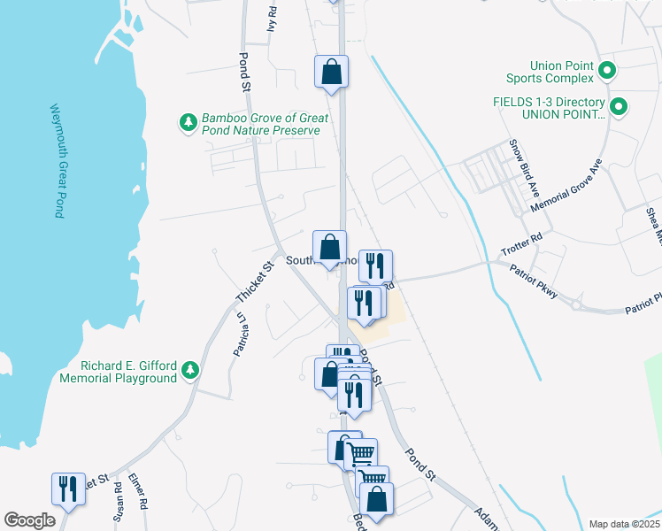 map of restaurants, bars, coffee shops, grocery stores, and more near 1449 Main Street in Weymouth
