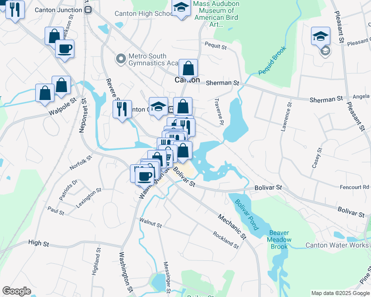 map of restaurants, bars, coffee shops, grocery stores, and more near 643 Washington Street in Canton