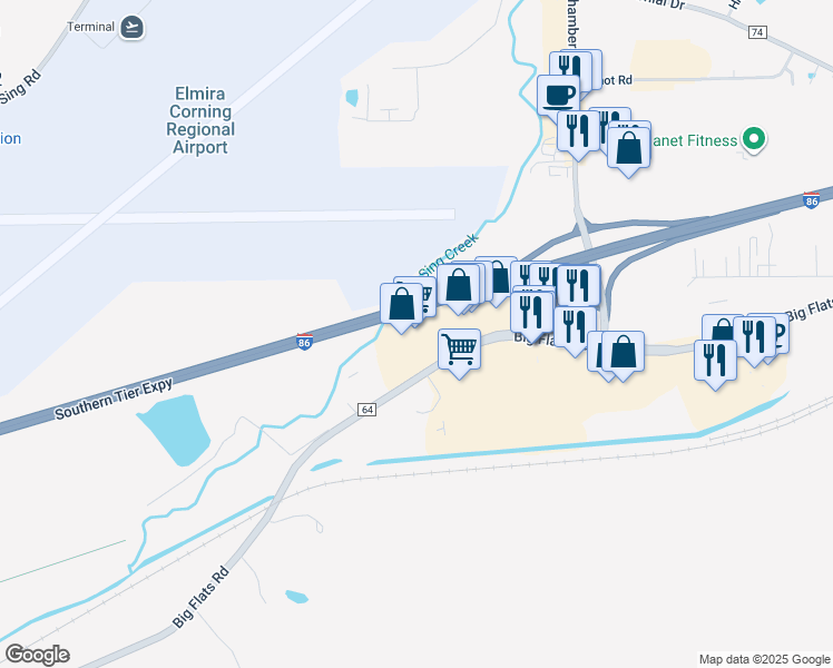 map of restaurants, bars, coffee shops, grocery stores, and more near 821 County Road 64 in Elmira