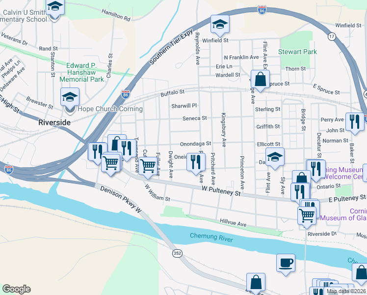 map of restaurants, bars, coffee shops, grocery stores, and more near 228 Onondaga St in Corning