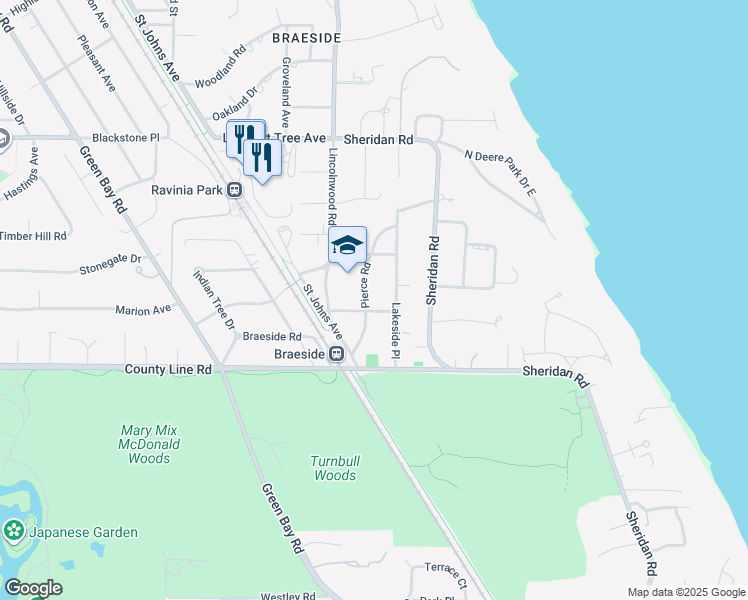 map of restaurants, bars, coffee shops, grocery stores, and more near 119 Pierce Road in Highland Park