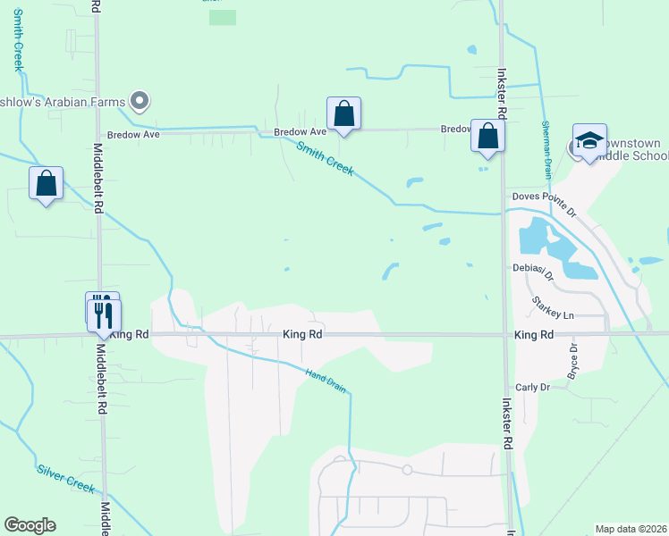 map of restaurants, bars, coffee shops, grocery stores, and more near 20820 Inkster Road in Romulus