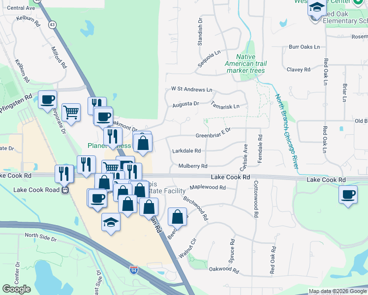 map of restaurants, bars, coffee shops, grocery stores, and more near 112 Larkdale Road in Deerfield