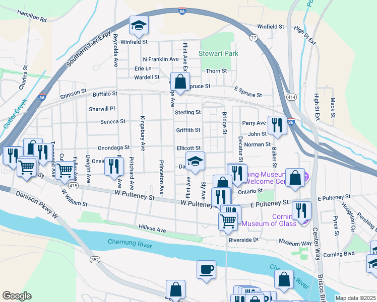 map of restaurants, bars, coffee shops, grocery stores, and more near 78 Ellicott St in Corning