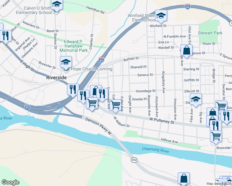 map of restaurants, bars, coffee shops, grocery stores, and more near 314 Onondaga Street in Corning