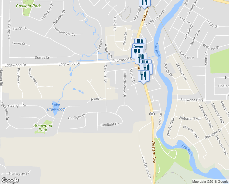 map of restaurants, bars, coffee shops, grocery stores, and more near 5301 Hayes Road in Algonquin