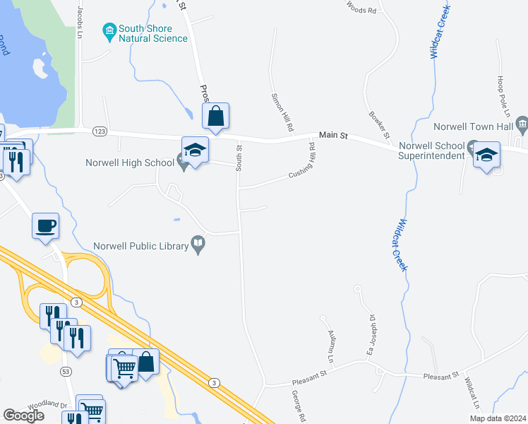 map of restaurants, bars, coffee shops, grocery stores, and more near 55 South Street in Norwell
