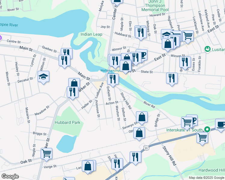 map of restaurants, bars, coffee shops, grocery stores, and more near 25 Enfield Street in Springfield