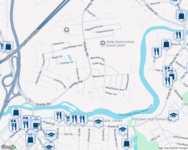 map of restaurants, bars, coffee shops, grocery stores, and more near 16 Nelson Street in Chicopee