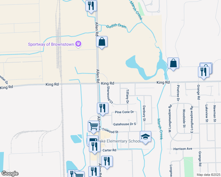 map of restaurants, bars, coffee shops, grocery stores, and more near 16674 Sherwood Court in Woodhaven