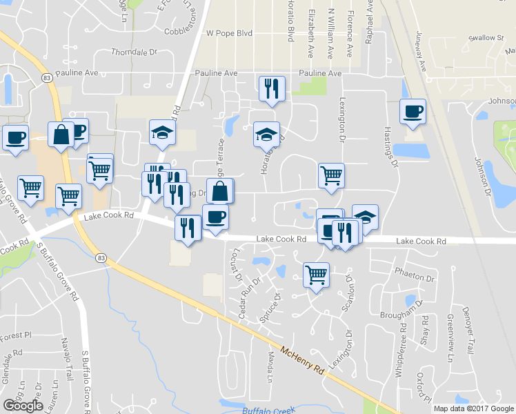 map of restaurants, bars, coffee shops, grocery stores, and more near 21 Le Jardin Court in Buffalo Grove