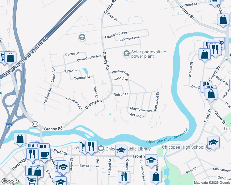 map of restaurants, bars, coffee shops, grocery stores, and more near 16 Nelson Street in Chicopee