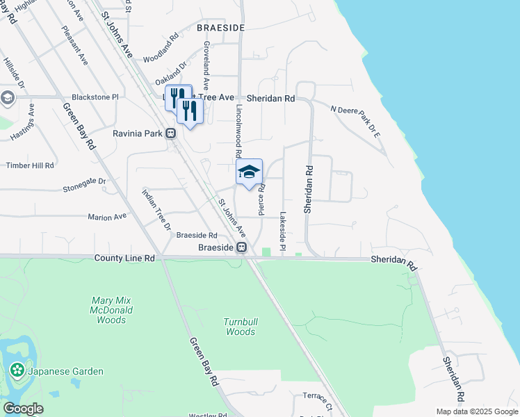 map of restaurants, bars, coffee shops, grocery stores, and more near 124 Pierce Road in Highland Park