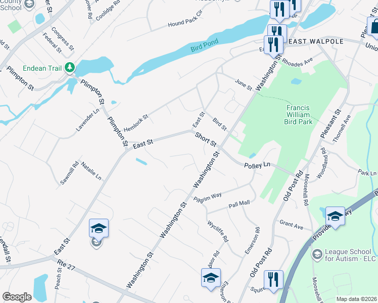 map of restaurants, bars, coffee shops, grocery stores, and more near 9 Adrienne Road in Walpole