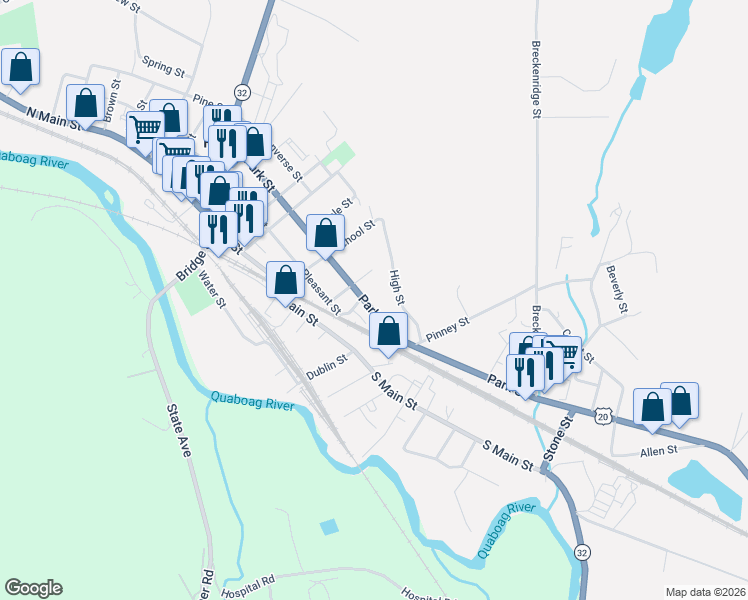 map of restaurants, bars, coffee shops, grocery stores, and more near 1112 Park Street in Palmer