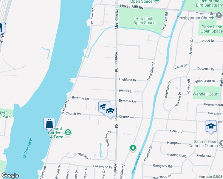 map of restaurants, bars, coffee shops, grocery stores, and more near 9335 Whitall Lane in Grosse Ile Township