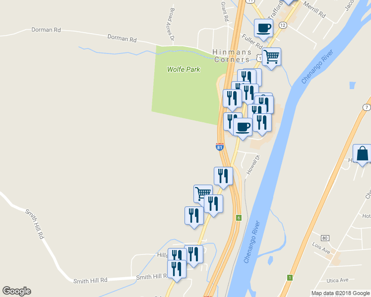 map of restaurants, bars, coffee shops, grocery stores, and more near 27 Paper Street in Binghamton