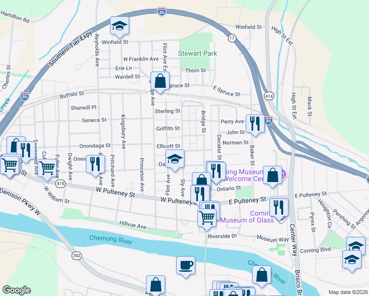 map of restaurants, bars, coffee shops, grocery stores, and more near 33 West Hazel Street in Corning