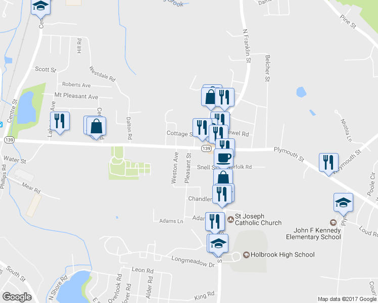 map of restaurants, bars, coffee shops, grocery stores, and more near 3 Pleasant Street in Holbrook