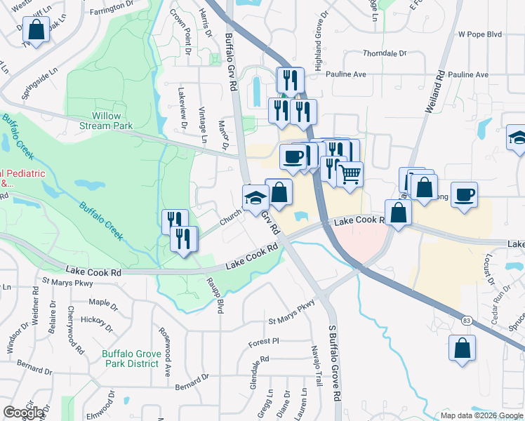 map of restaurants, bars, coffee shops, grocery stores, and more near 70 N Buffalo Grove Rd in Buffalo Grove