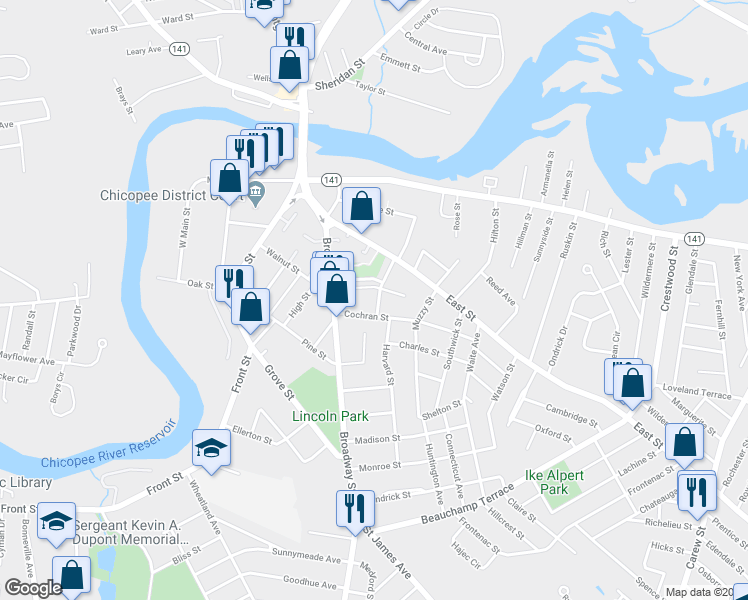 map of restaurants, bars, coffee shops, grocery stores, and more near 48 Hamilton Street in Chicopee