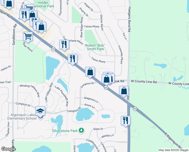 map of restaurants, bars, coffee shops, grocery stores, and more near 2102 Lake Cook Road in Algonquin