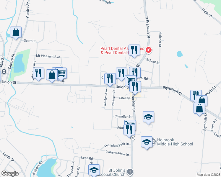 map of restaurants, bars, coffee shops, grocery stores, and more near 3 Pleasant Street in Holbrook
