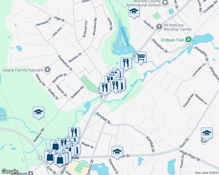 map of restaurants, bars, coffee shops, grocery stores, and more near 22 Spear Avenue in Walpole