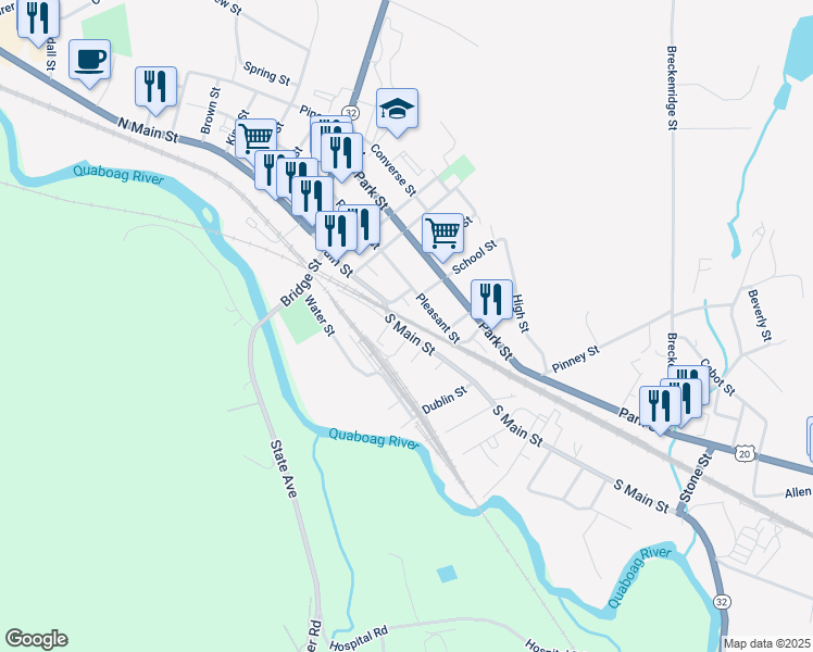 map of restaurants, bars, coffee shops, grocery stores, and more near 1289 South Main Street in Palmer